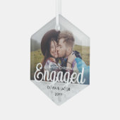 初めてのクリスマス婚約したフォトフェイク大理石六角形 ガラスオーナメント (正面左)