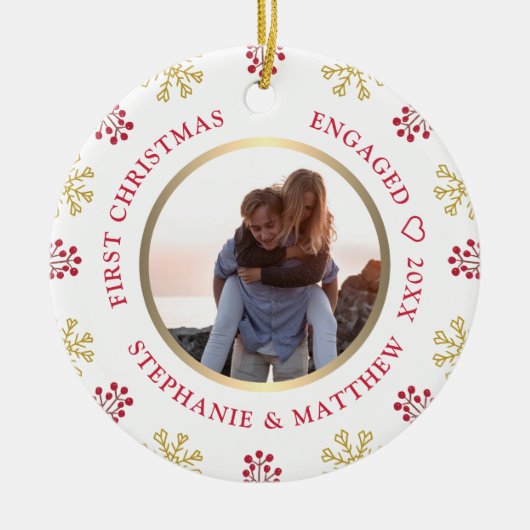 初めてのクリスマス婚約したフォトフェスティバル休日 セラミックオーナメント (正面)