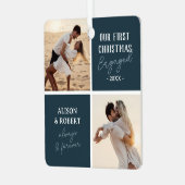 初めてのクリスマス婚約したフォトブルーホリデー メタルオーナメント (正面左)