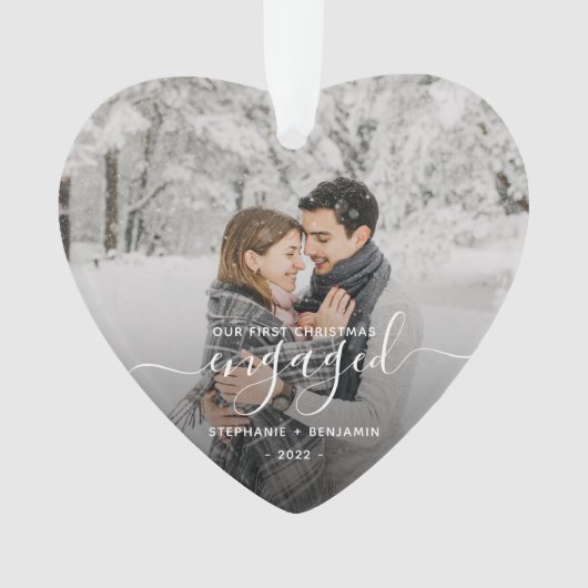 初めてのクリスマス婚約したフォトホワイトスクリプトハート オーナメント (正面)
