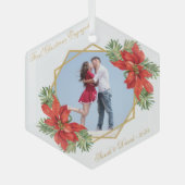 初めてのクリスマス婚約したフォトポインセチア松金ゴールド ガラスオーナメント (正面)