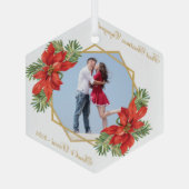 初めてのクリスマス婚約したフォトポインセチア松金ゴールド ガラスオーナメント (裏面)