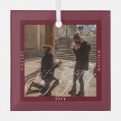 初めてのクリスマス婚約したフォトポートワイン ガラスオーナメント (正面)