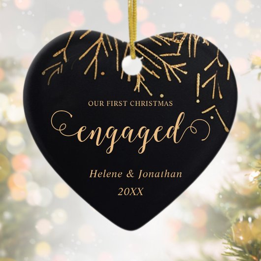 初めてのクリスマス婚約したホリデーブラック金ゴールドユニーク セラミックオーナメント