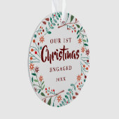 初めてのクリスマス婚約したモダンフローラカップル写真 オーナメント (正面)
