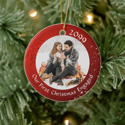 初めてのクリスマス婚約したレッドスノーフレーク2写真 セラミックオーナメント (ツリー)