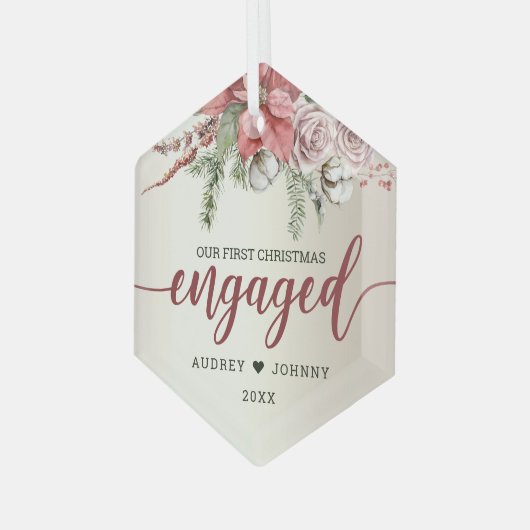 初めてのクリスマス婚約したレッドポインセチアバラフローラ ガラスオーナメント (正面左)