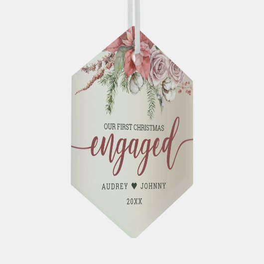 初めてのクリスマス婚約したレッドポインセチアバラフローラ ガラスオーナメント (正面右)