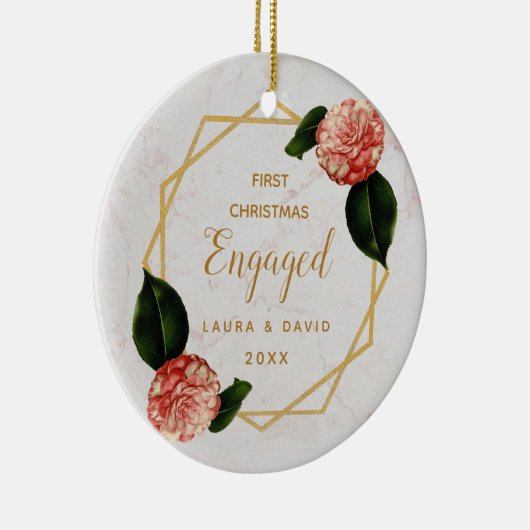 初めてのクリスマス婚約した大理石金ゴールドピンクカメリア セラミックオーナメント (右)