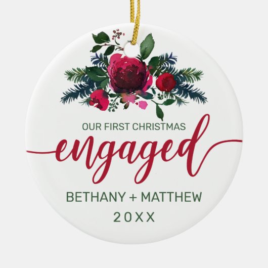 初めてのクリスマス婚約した水彩バラ写真 セラミックオーナメント (正面)