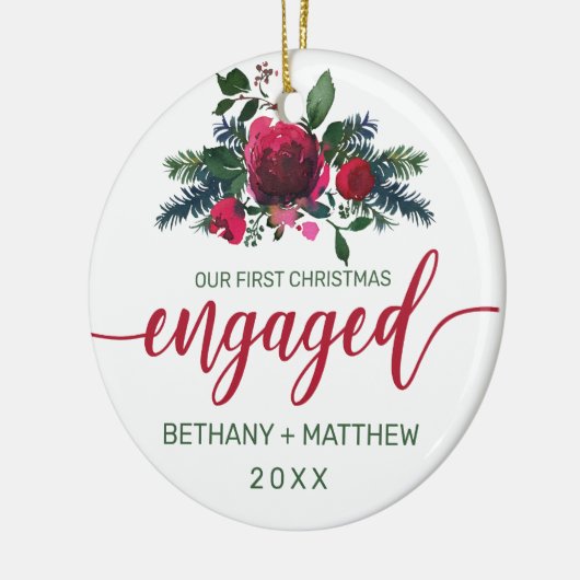 初めてのクリスマス婚約した水彩バラ写真 セラミックオーナメント (左)