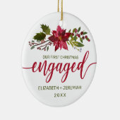初めてのクリスマス婚約した水彩ポインセチア セラミックオーナメント (右)