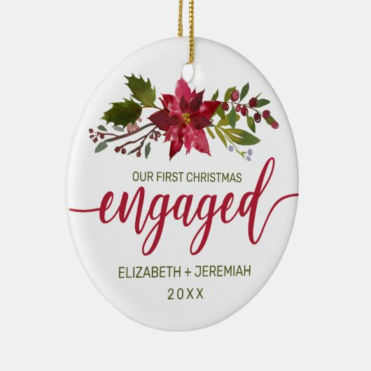 初めてのクリスマス婚約した水彩ポインセチア セラミックオーナメント (右)