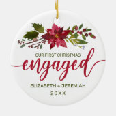 初めてのクリスマス婚約した水彩ポインセチア セラミックオーナメント (裏面)