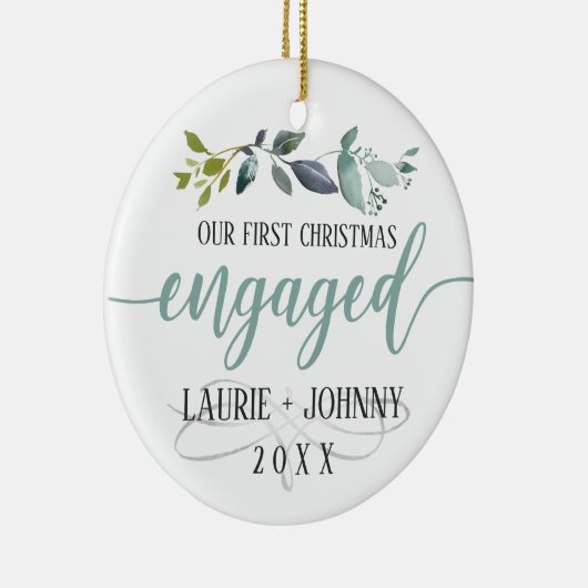 初めてのクリスマス婚約した水彩月桂樹葉 セラミックオーナメント (右)