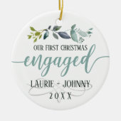 初めてのクリスマス婚約した水彩月桂樹葉 セラミックオーナメント (正面)