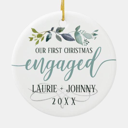 初めてのクリスマス婚約した水彩月桂樹葉 セラミックオーナメント (裏面)