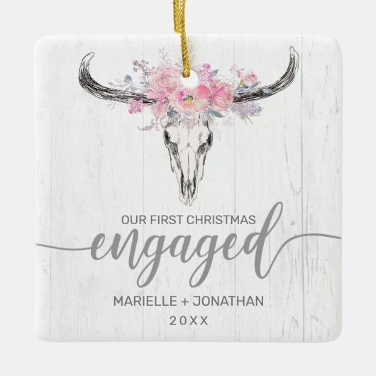 初めてのクリスマス婚約した牛素朴スカル写真 セラミックオーナメント (正面)