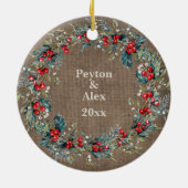 初めてのクリスマス婚約した素朴Burlap写真 セラミックオーナメント (裏面)