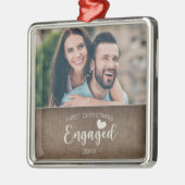 初めてのクリスマス婚約した素朴Burlap写真 メタルオーナメント (左)