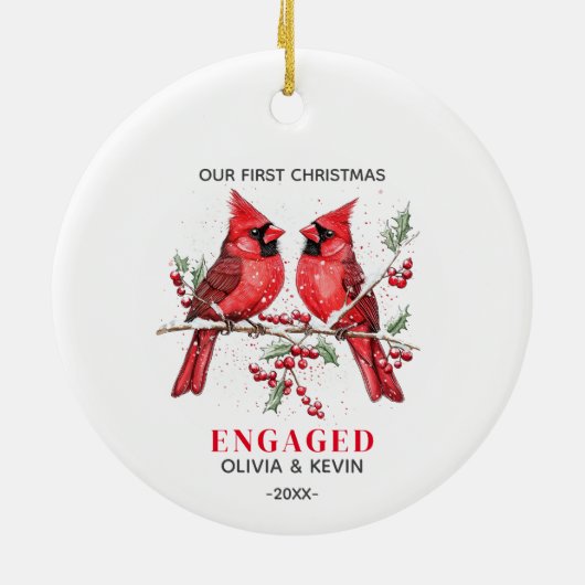 初めてのクリスマス婚約した赤結婚した深紅色 セラミックオーナメント (裏面)