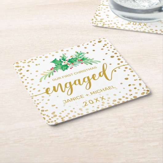 初めてのクリスマス婚約した金ゴールドスクリプトHolly Monogram スクエアペーパーコースター (アングル)