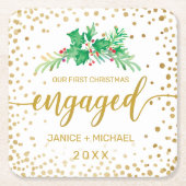 初めてのクリスマス婚約した金ゴールドスクリプトHolly Monogram スクエアペーパーコースター (正面)