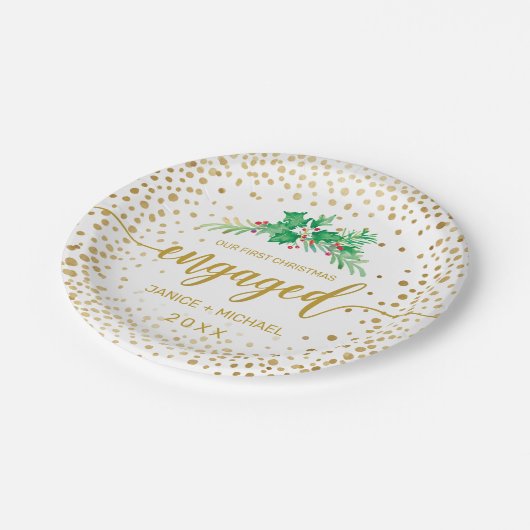 初めてのクリスマス婚約した金ゴールドスクリプトHolly Monogram ペーパープレート (アングル)