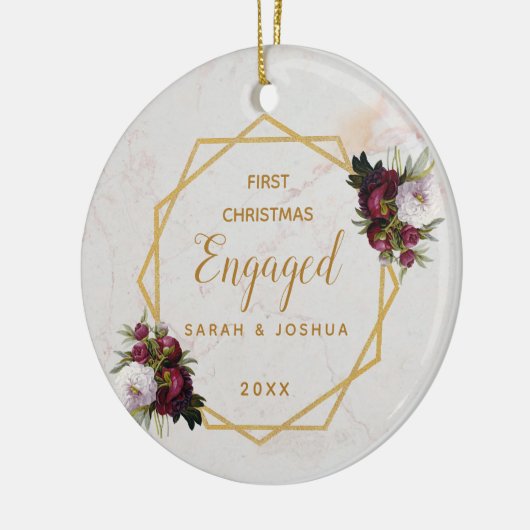 初めてのクリスマス婚約した金ゴールドマーブルピオニーフローラ セラミックオーナメント (左)