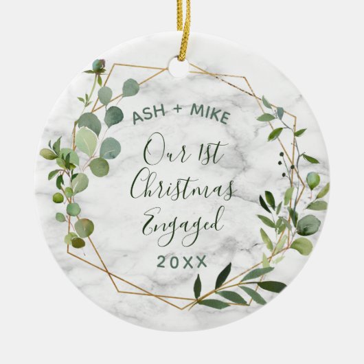 初めてのクリスマス婚約した金ゴールド大理石の緑の写真 セラミックオーナメント (正面)