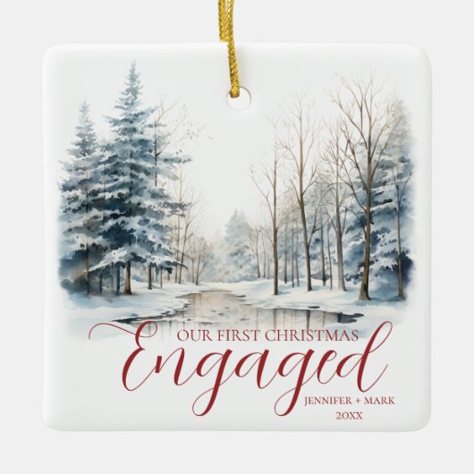初めてのクリスマス婚約した1フォトウォーターカラーフォレスト セラミックオーナメント (正面)