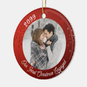 初めてのクリスマス婚約した2フォトレッドスノーフレーク セラミックオーナメント (左)