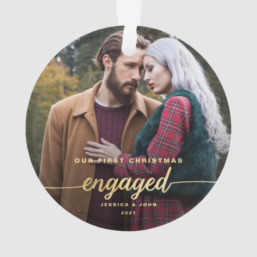 初めてのクリスマス婚約した2フォト金ゴールドフォント オーナメント (裏面)