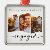 初めてのクリスマス婚約した3枚の写真 メタルオーナメント (正面)