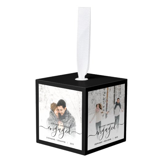 初めてのクリスマス婚約した4フォトブラックスクリプト キューブオーナメント (正面アングル)