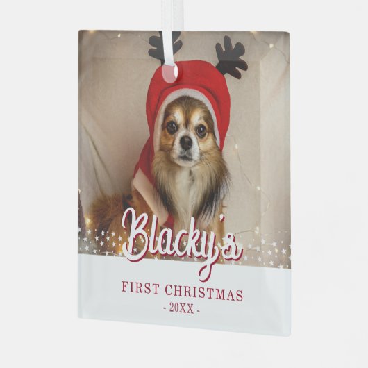 初めてのクリスマス子犬の写真ホワイトスターズ ガラスオーナメント (正面左)