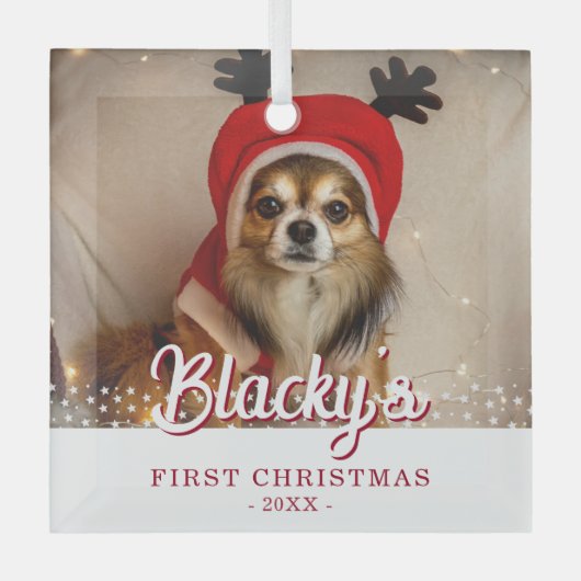 初めてのクリスマス子犬の写真ホワイトスターズ ガラスオーナメント (正面)