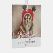 初めてのクリスマス子犬の写真ホワイトスターズ ガラスオーナメント (正面右)