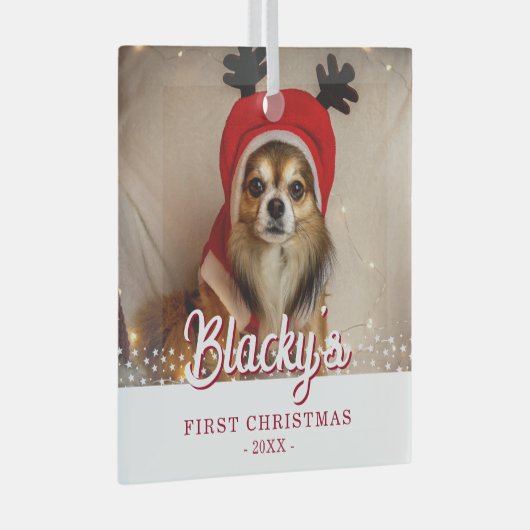 初めてのクリスマス子犬の写真ホワイトスターズ ガラスオーナメント (正面右)