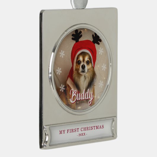 初めてのクリスマス子犬の名前フォトスノーフレーク シルバープレートバナーオーナメント (右)