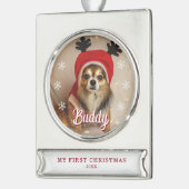 初めてのクリスマス子犬の名前フォトスノーフレーク シルバープレートバナーオーナメント (左)