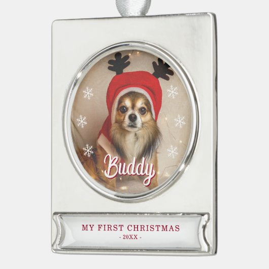 初めてのクリスマス子犬の名前フォトスノーフレーク シルバープレートバナーオーナメント (左)