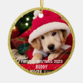 初めてのクリスマス子犬の思い出の写真オーナメント セラミックオーナメント (正面)