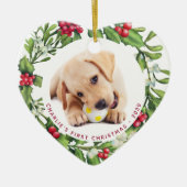初めてのクリスマス子犬カスタムペット写真ハート セラミックオーナメント (正面)