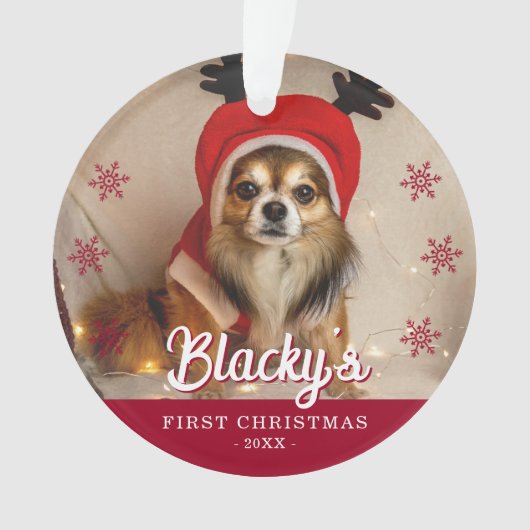 初めてのクリスマス子犬フォトレッドスノーフレーク オーナメント (正面)