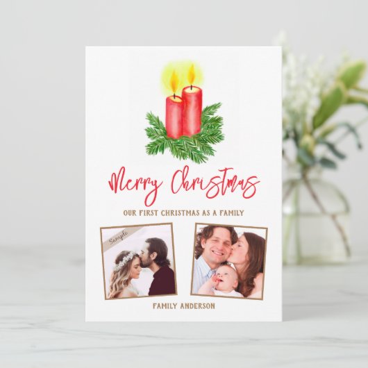 初めてのクリスマス家族のカスタム写真 シーズンカード (スタンド正面)
