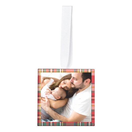 初めてのクリスマス家族の写真のプレ素朴イド キューブオーナメント (正面)