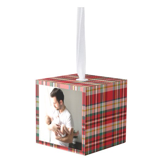 初めてのクリスマス家族の写真のプレ素朴イド キューブオーナメント (裏面アングル)