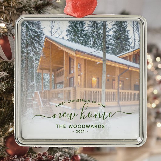 初めてのクリスマス新しいホームカスタムフォトグリーンスクリプト メタルオーナメント