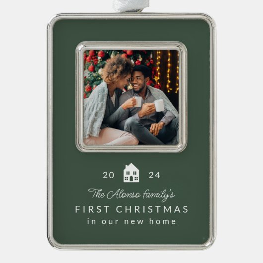 初めてのクリスマス新しいホームクラシックグリーンフォト シルバープレートフレームオーナメント (正面)